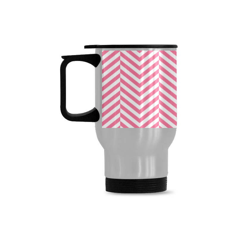 pink and white classic chevron pattern Travel Mug (Silver) (14 Oz)