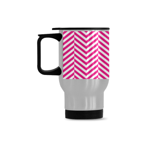 hot pink and white classic chevron pattern Travel Mug (Silver) (14 Oz)