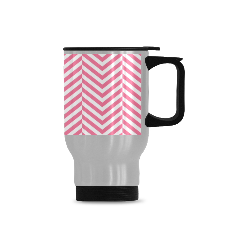 pink and white classic chevron pattern Travel Mug (Silver) (14 Oz)
