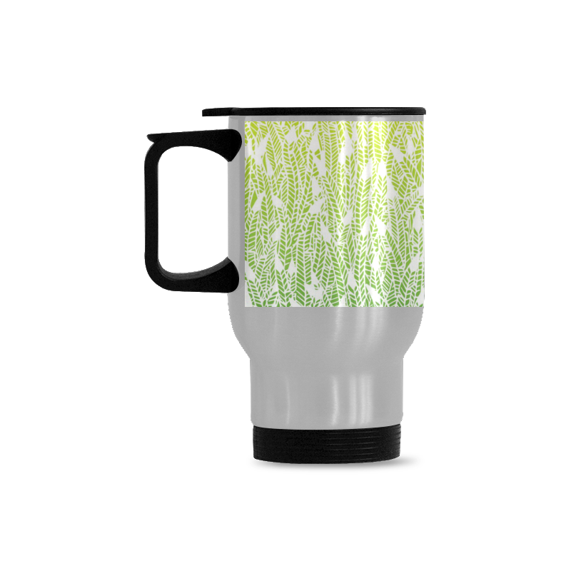 yellow green ombre feathers pattern white Travel Mug (Silver) (14 Oz)