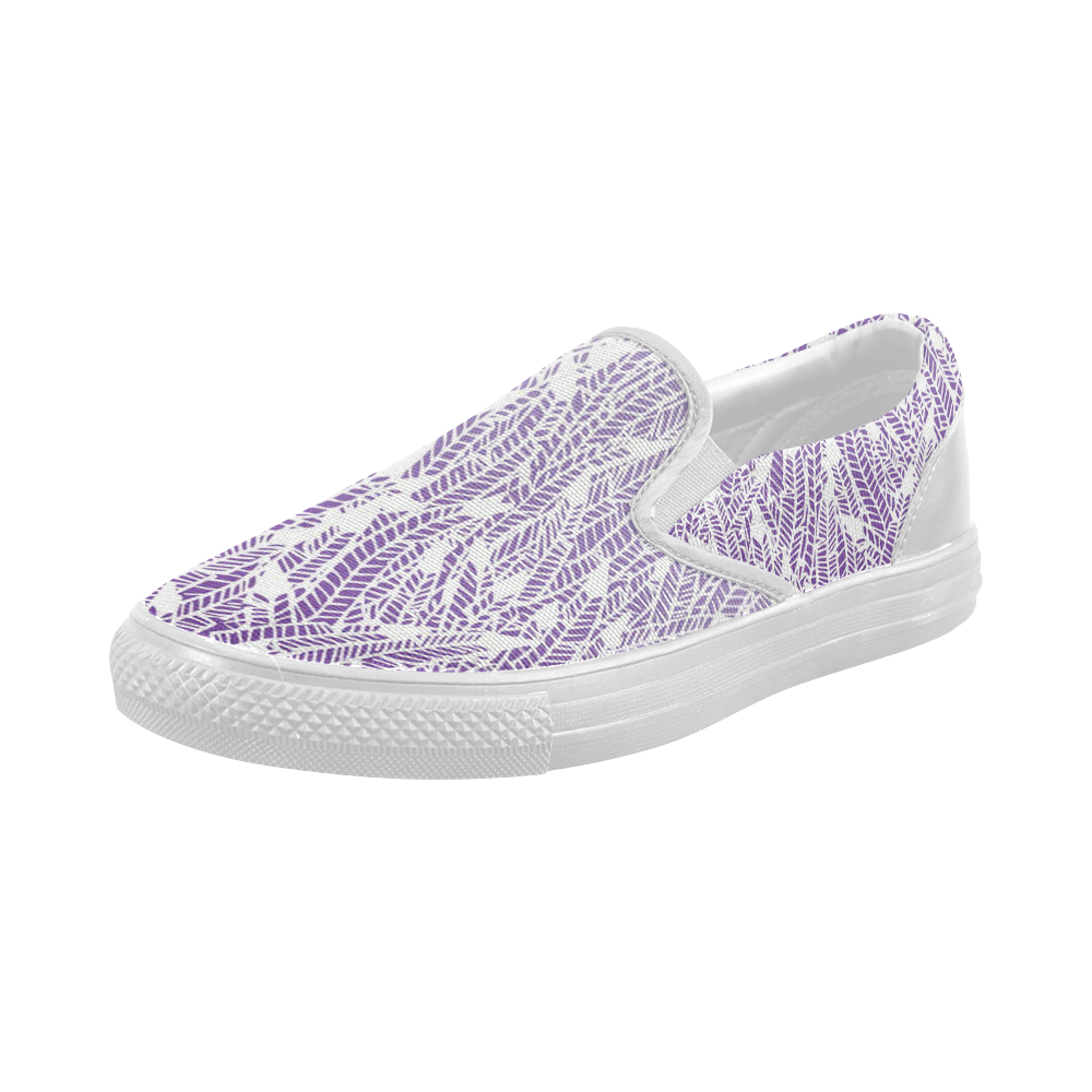 purple ombre feathers pattern white Women's Slip-on Canvas Shoes (Model 019)