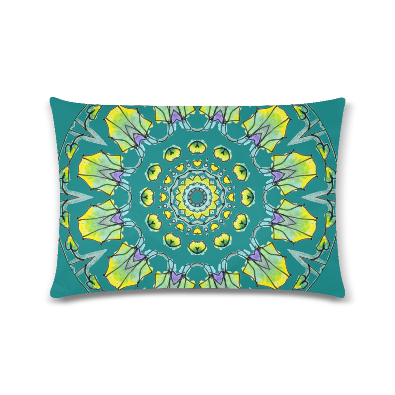 Yellow, Green, Purple Flowers, Leaves Mandala Deep Teal Custom Rectangle Pillow Case 16"x24" (one side)