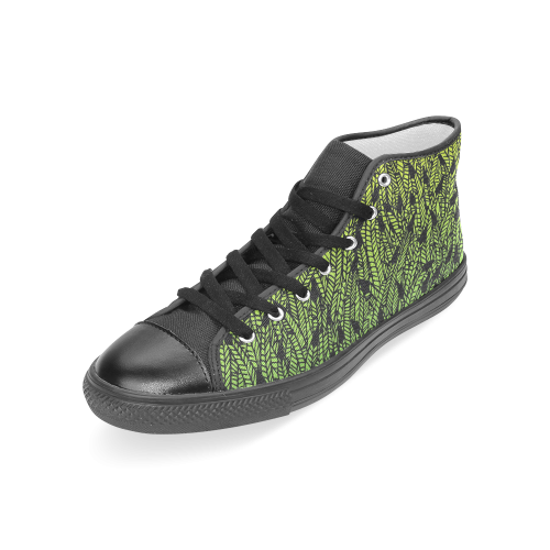 yellow and green ombre feathers pattern black Women's Classic High Top Canvas Shoes (Model 017)