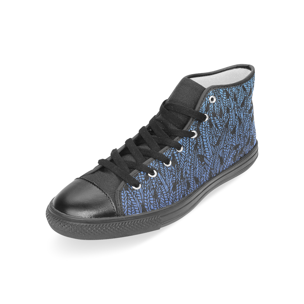 blue ombre black feather pattern Women's Classic High Top Canvas Shoes (Model 017)