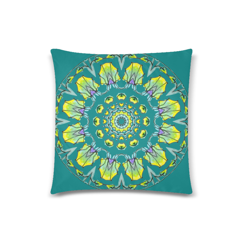Yellow, Green, Purple Flowers, Leaves Mandala Deep Teal Custom Zippered Pillow Case 18"x18" (one side)