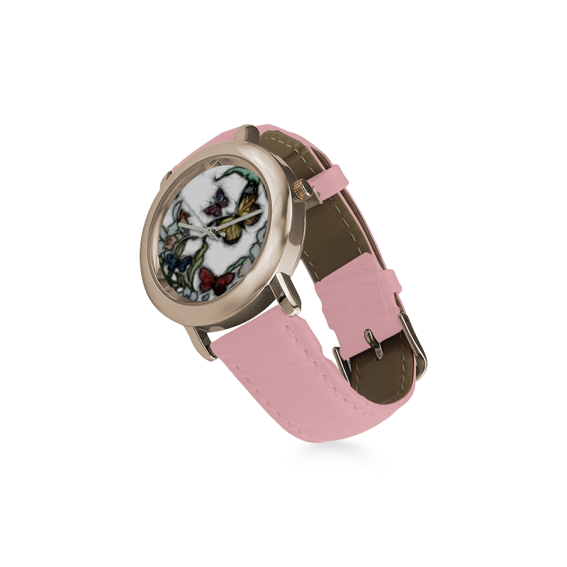 Butterflies and Flowers Women's Rose Gold Leather Strap Watch(Model 201)