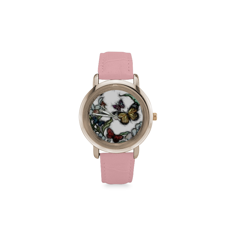 Butterflies and Flowers Women's Rose Gold Leather Strap Watch(Model 201)