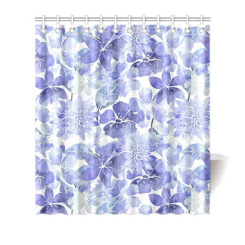 Blue Watercolor Flower Pattern Shower Curtain 66"x72"