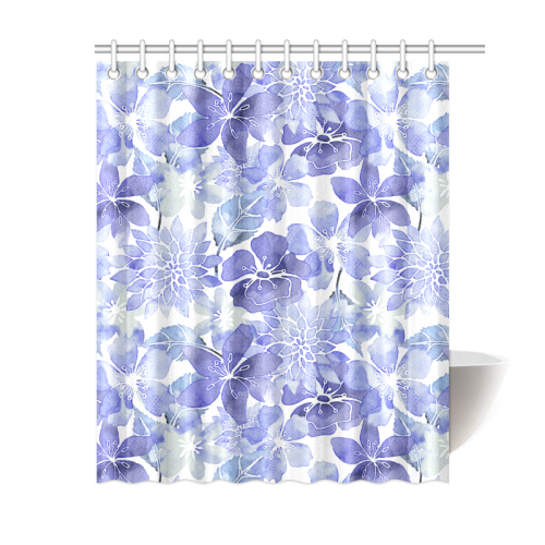 Blue Watercolor Flower Pattern Shower Curtain 60"x72"