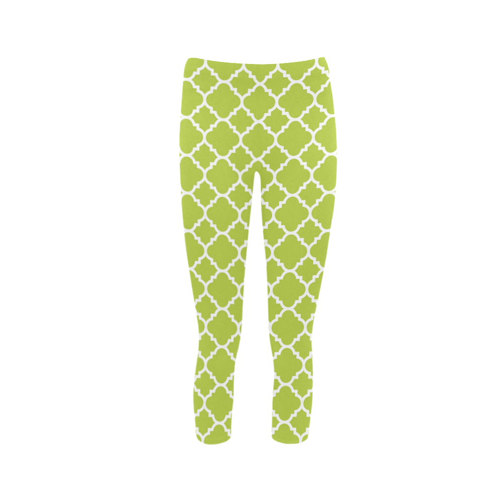 spring green white quatrefoil classic pattern Capri Legging (Model L02)