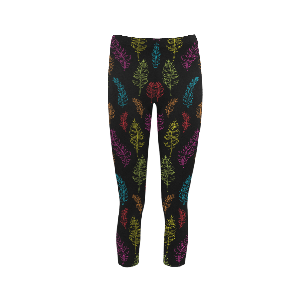 bright pink red blue green yellow feather leaves Capri Legging (Model L02)