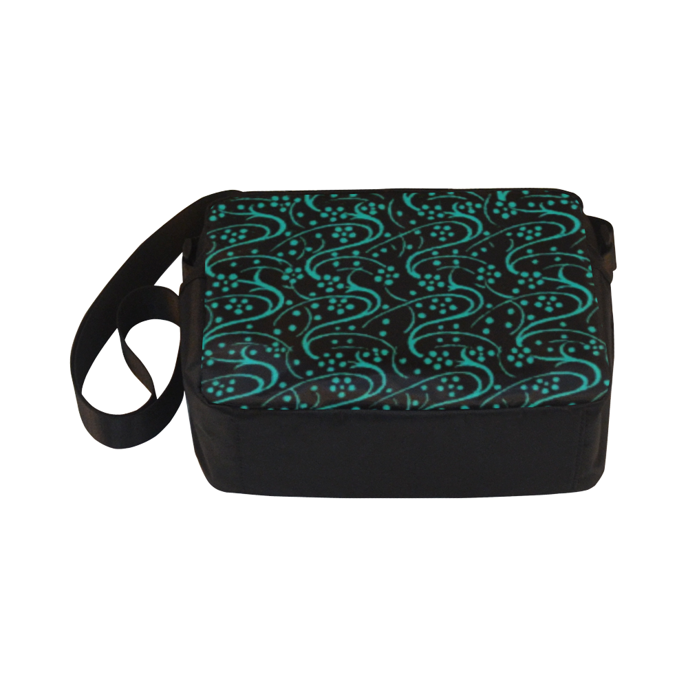 Vintage Swirl Floral Teal Turquoise Black Classic Cross-body Nylon Bags (Model 1632)
