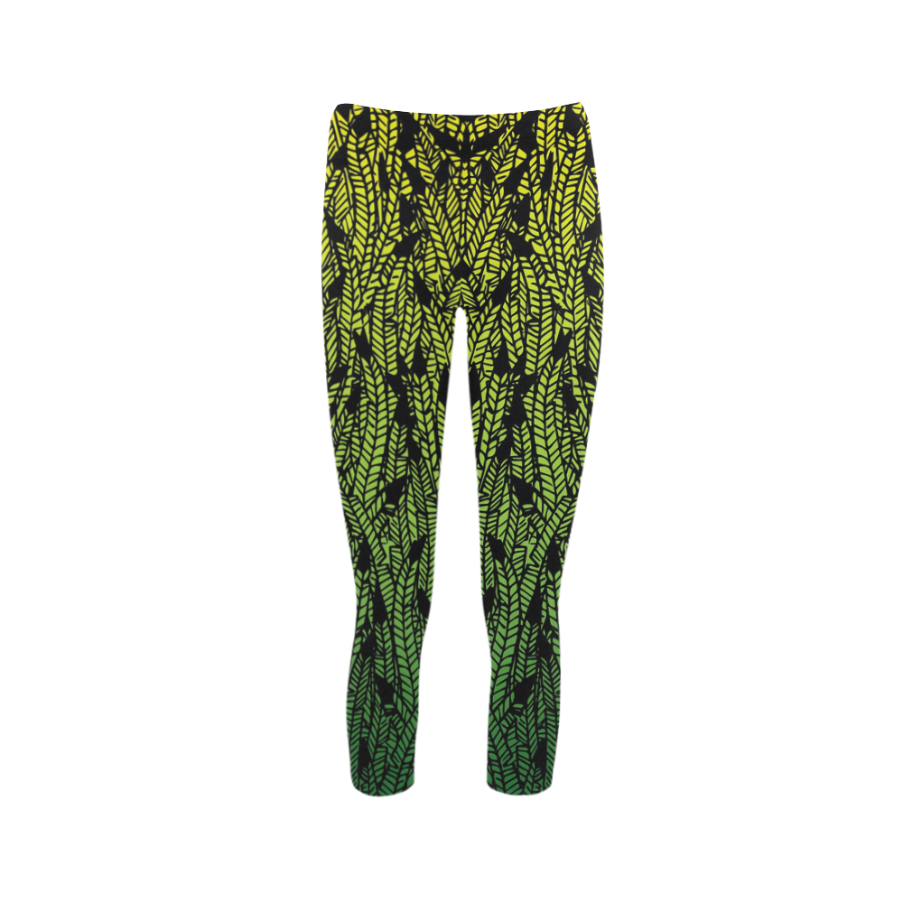 yellow and green ombre feathers pattern black Capri Legging (Model L02)