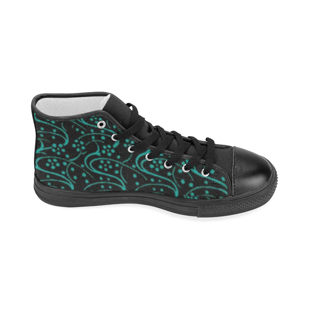 Vintage Swirl Floral Teal Turquoise Black Women's Classic High Top Canvas Shoes (Model 017)
