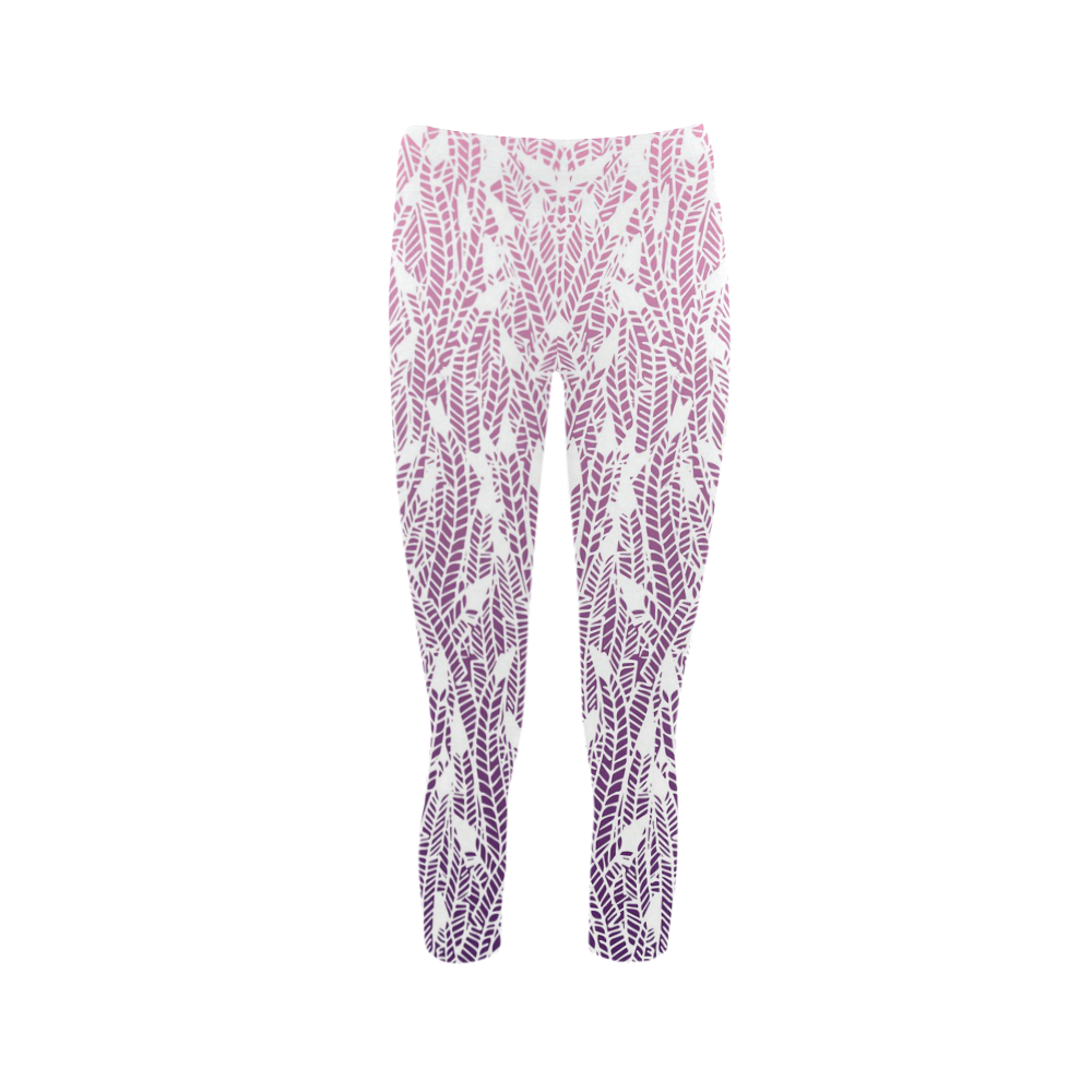 pink purple ombre feather pattern white Capri Legging (Model L02)