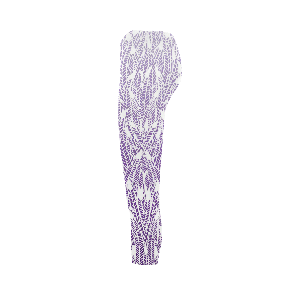 purple ombre feathers pattern white Capri Legging (Model L02)