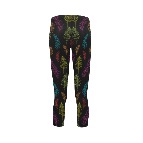bright pink red blue green yellow feather leaves Capri Legging (Model L02)