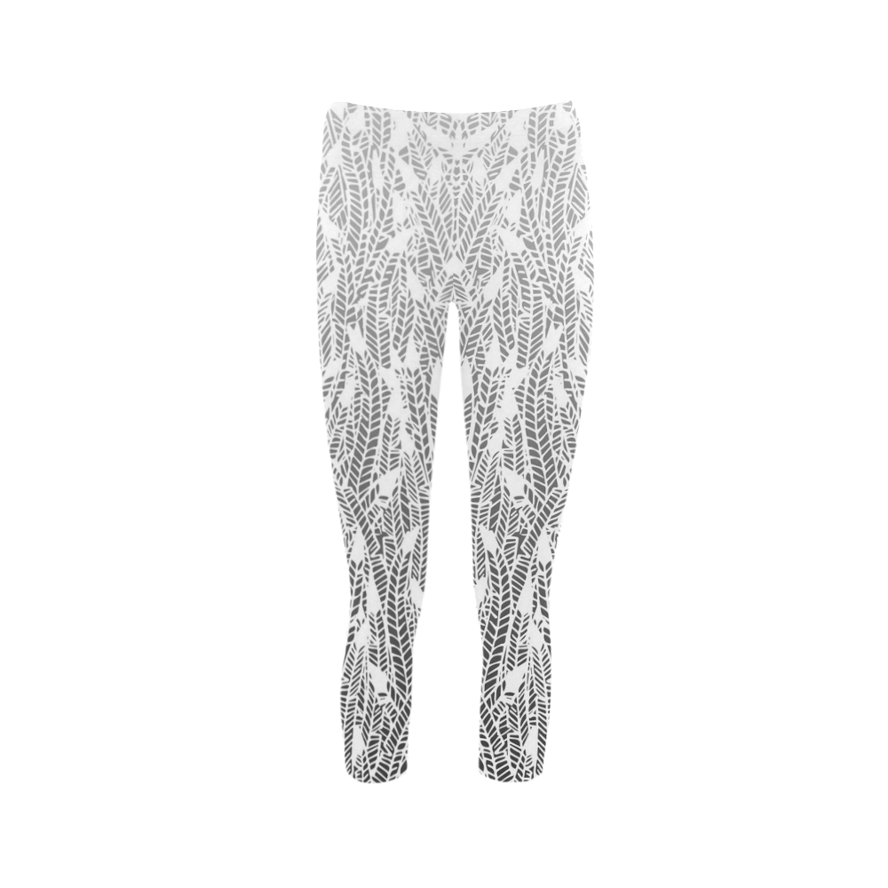 grey ombre feathers pattern white Capri Legging (Model L02)