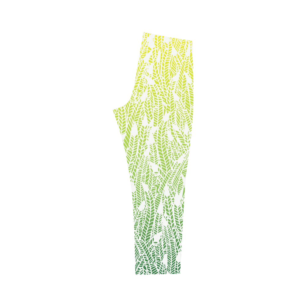 yellow green ombre feathers pattern white Capri Legging (Model L02)