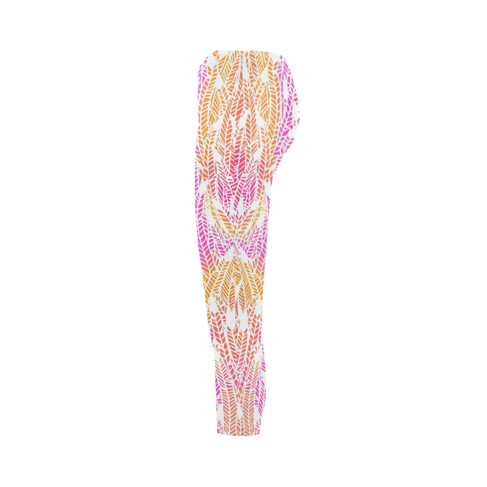 pink yellow white feather pattern Capri Legging (Model L02)