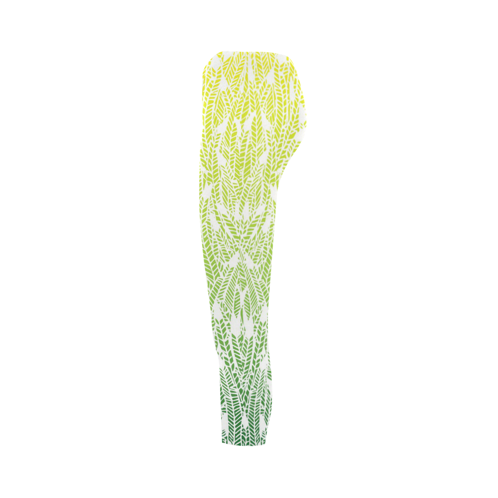 yellow green ombre feathers pattern white Capri Legging (Model L02)