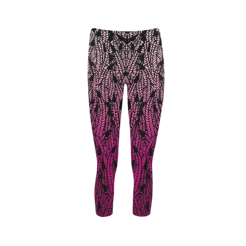 pink ombre feathers pattern black Capri Legging (Model L02)