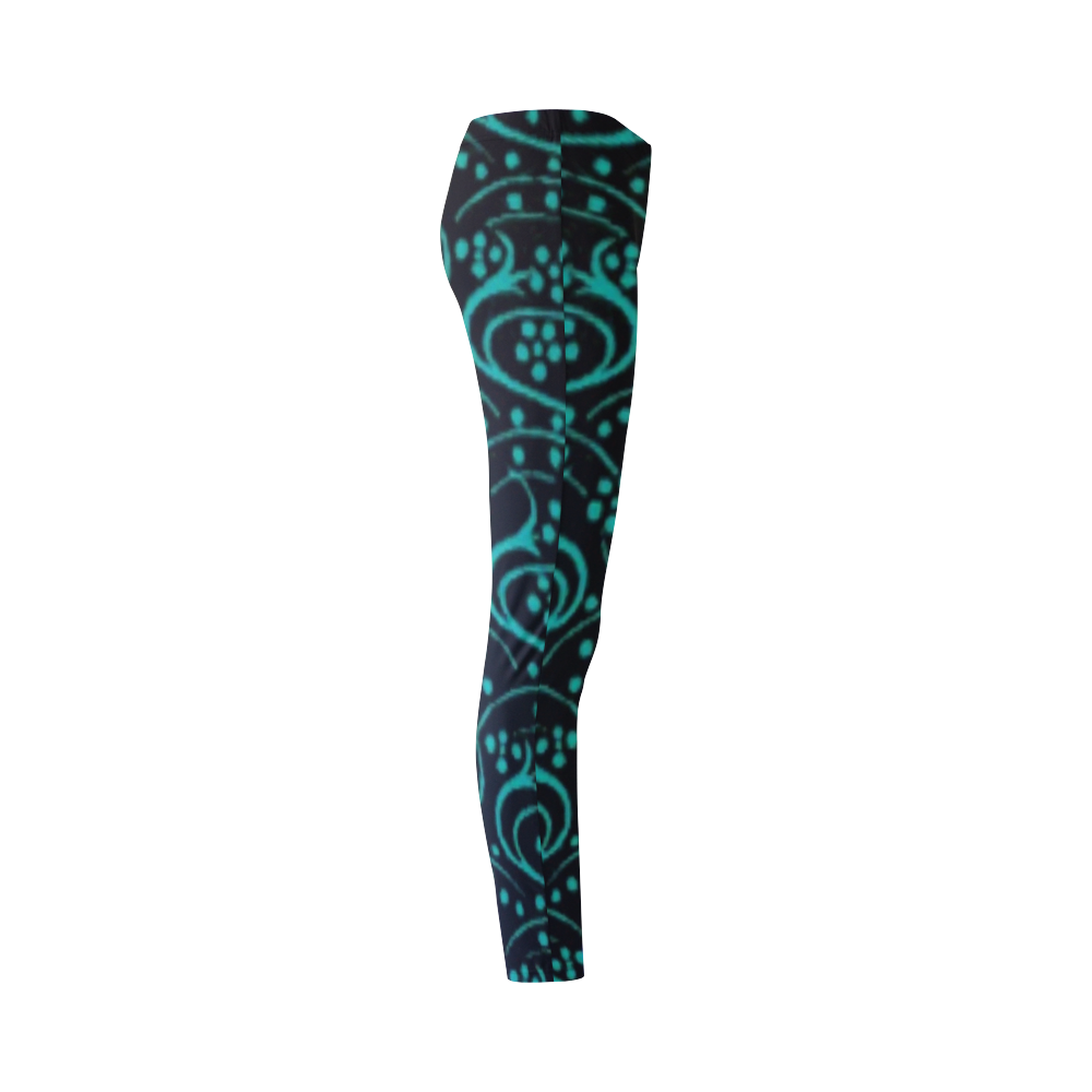 Vintage Swirl Floral Teal Turquoise Black Cassandra Women's Leggings (Model L01)