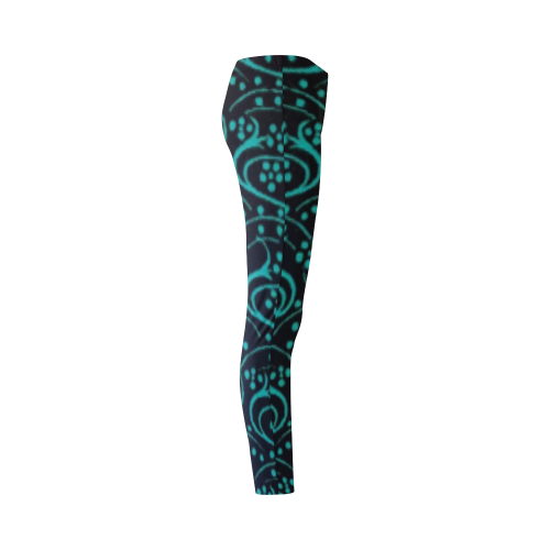 Vintage Swirl Floral Teal Turquoise Black Cassandra Women's Leggings (Model L01)
