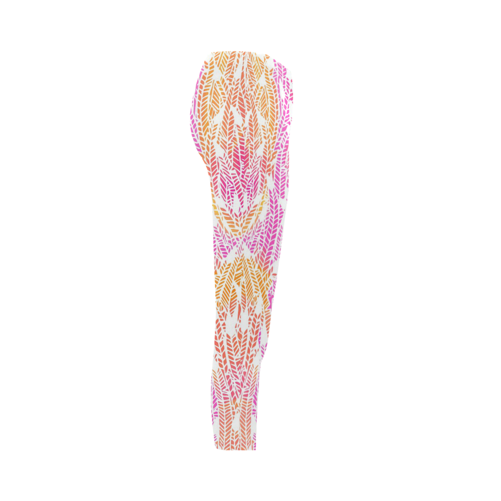 pink yellow white feather pattern Capri Legging (Model L02)