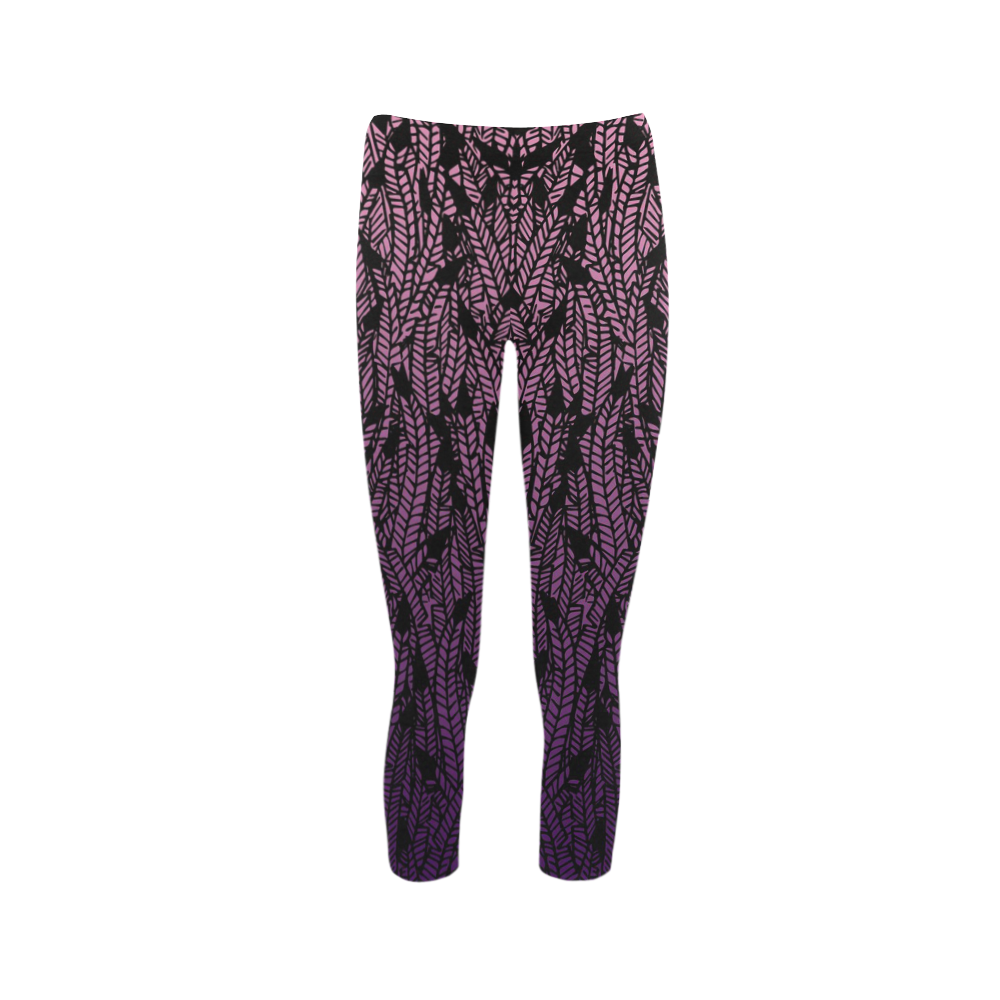 pink purple ombre feather pattern black Capri Legging (Model L02)