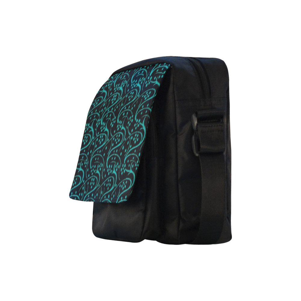 Vintage Swirl Floral Teal Turquoise Black Crossbody Nylon Bags (Model 1633)
