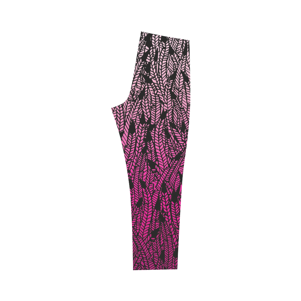 pink ombre feathers pattern black Capri Legging (Model L02)