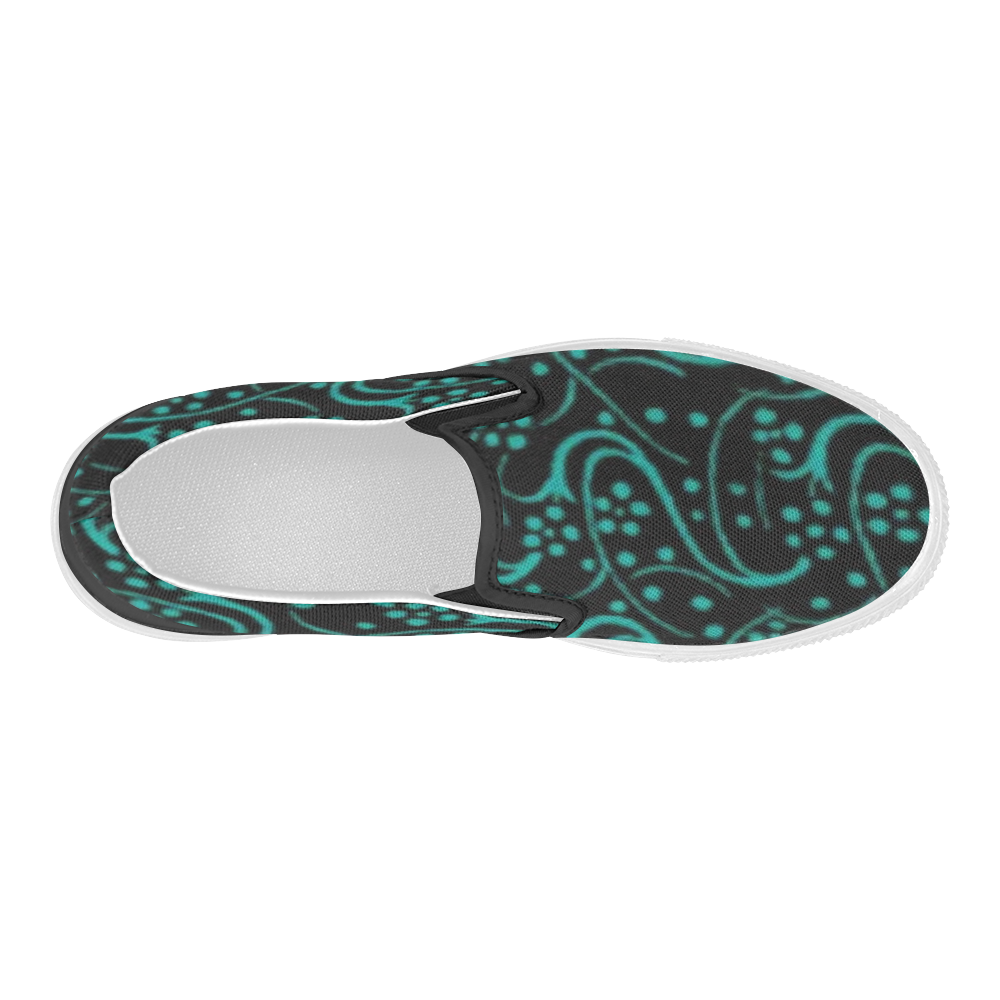 Vintage Swirl Floral Teal Turquoise Black Women's Slip-on Canvas Shoes (Model 019)