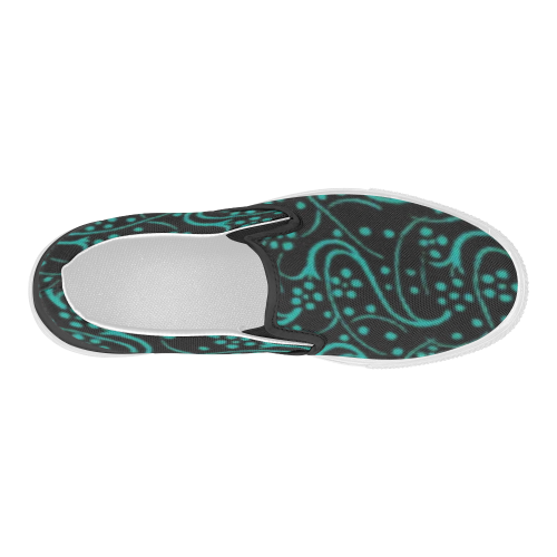 Vintage Swirl Floral Teal Turquoise Black Women's Slip-on Canvas Shoes (Model 019)