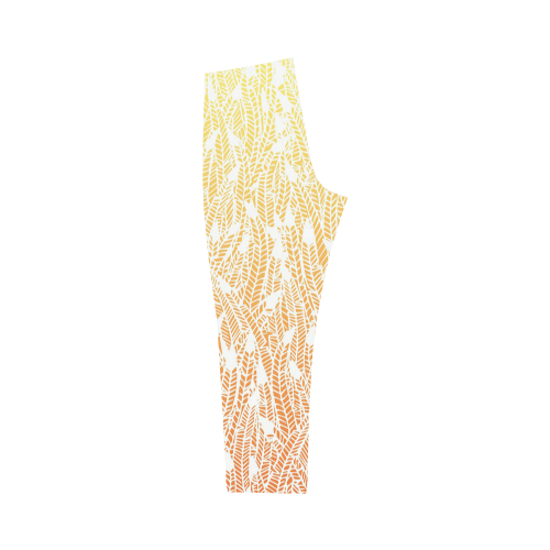 yellow orange ombre feather pattern white Capri Legging (Model L02)