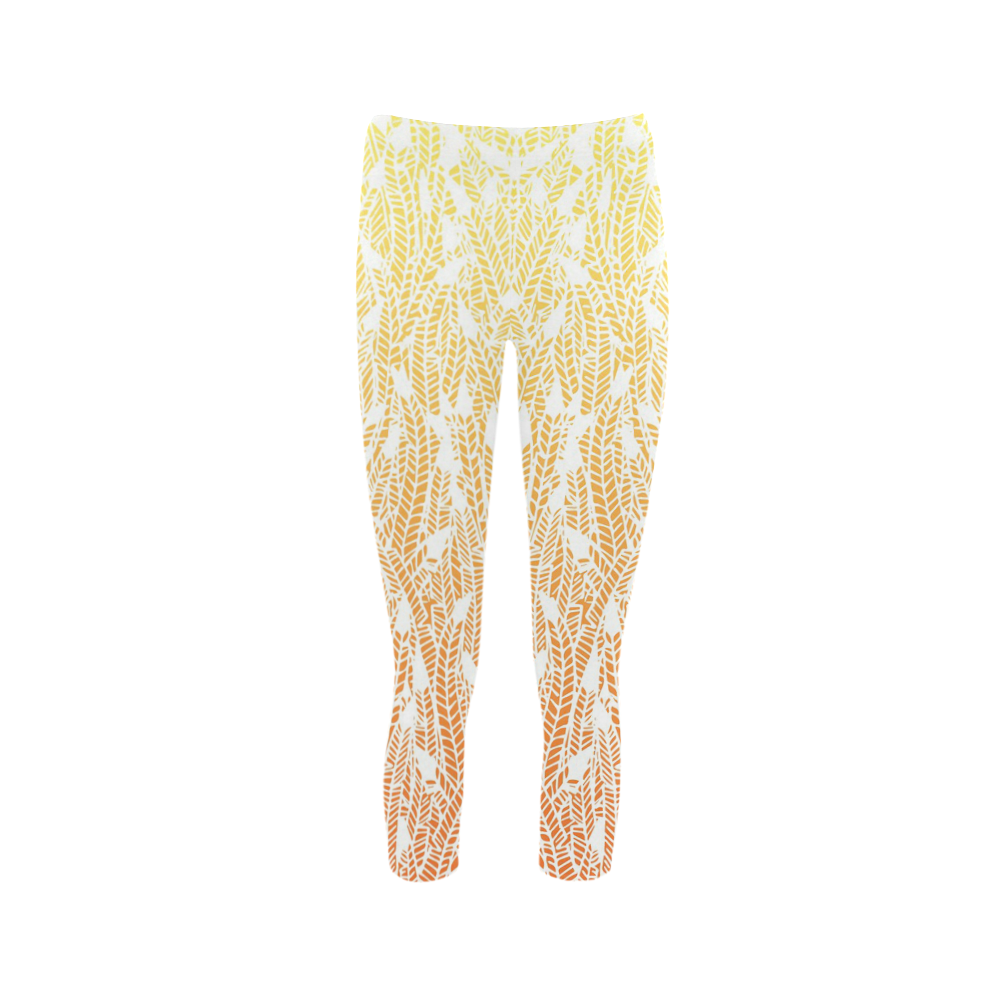 yellow orange ombre feather pattern white Capri Legging (Model L02)