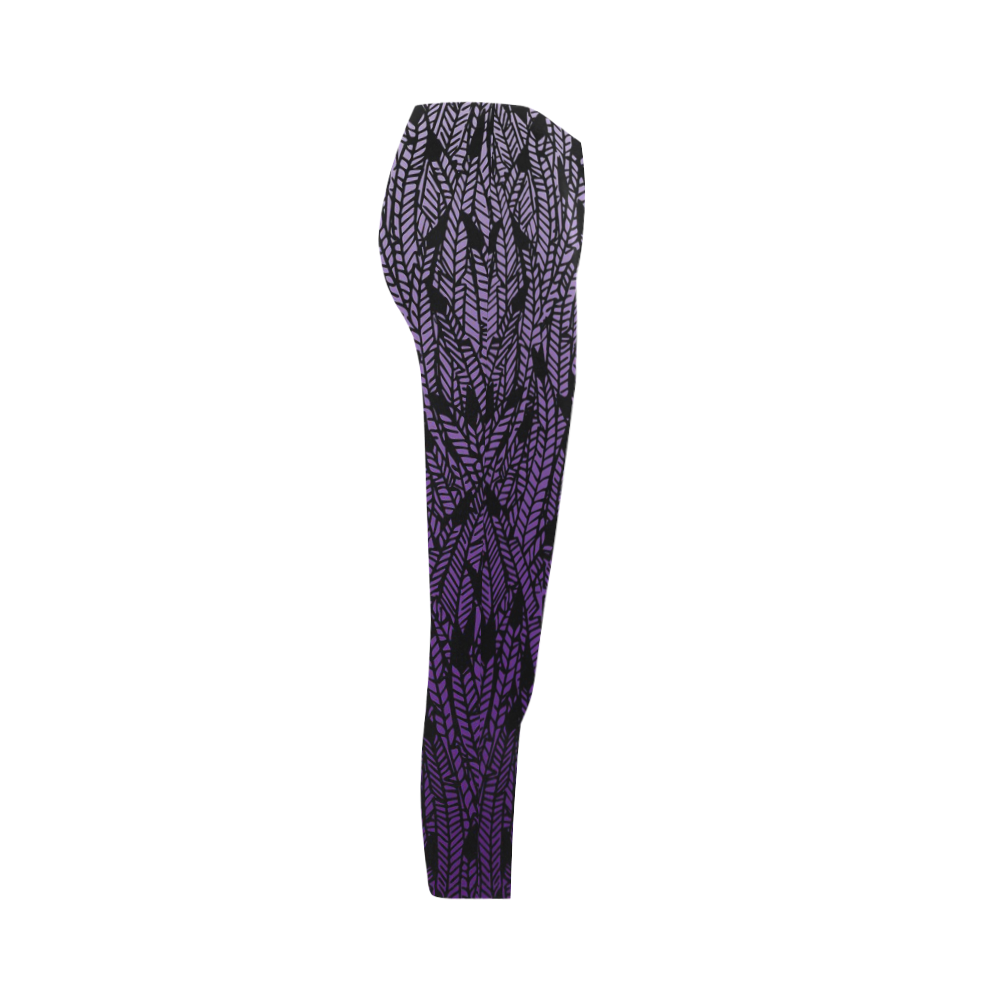 purple ombre feathers pattern black Capri Legging (Model L02)