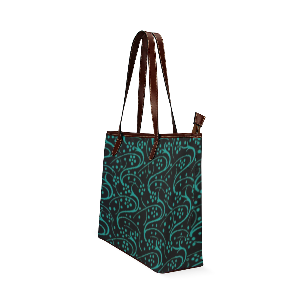 Vintage Swirl Floral Teal Turquoise Black Shoulder Tote Bag (Model 1646)