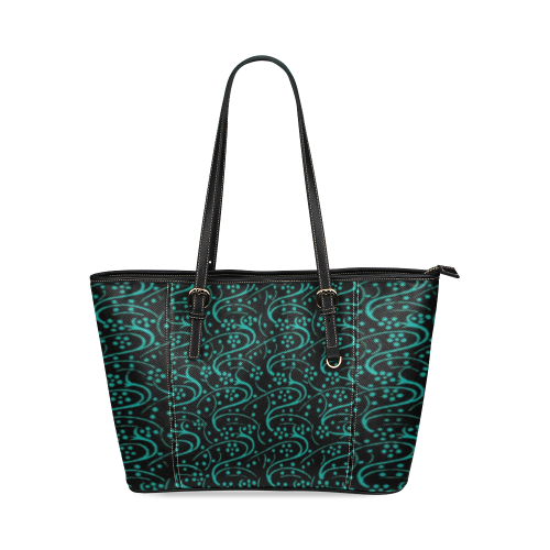 Vintage Swirl Floral Teal Turquoise Black Leather Tote Bag/Small (Model 1640)