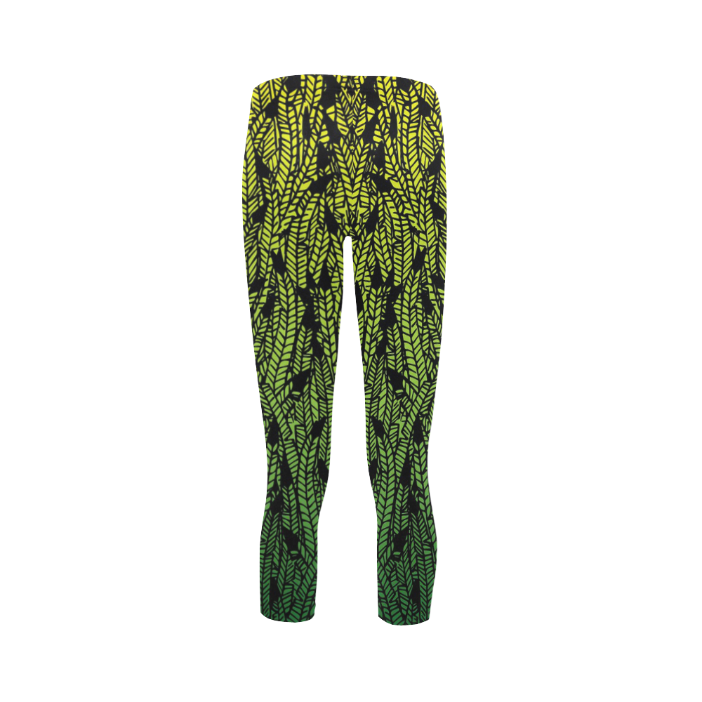 yellow and green ombre feathers pattern black Capri Legging (Model L02)