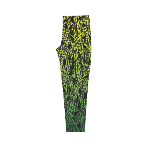yellow and green ombre feathers pattern black Capri Legging (Model L02)