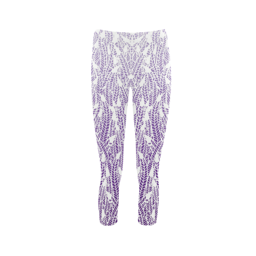 purple ombre feathers pattern white Capri Legging (Model L02)