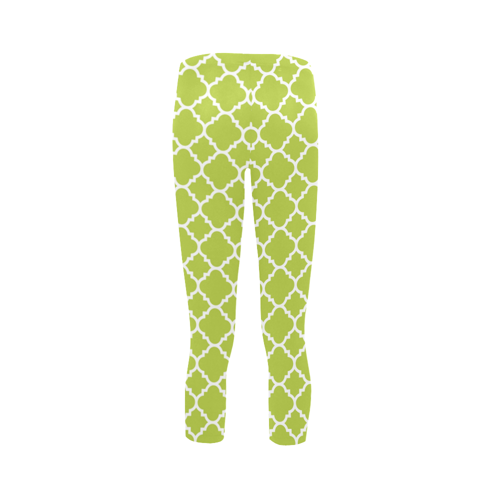 spring green white quatrefoil classic pattern Capri Legging (Model L02)