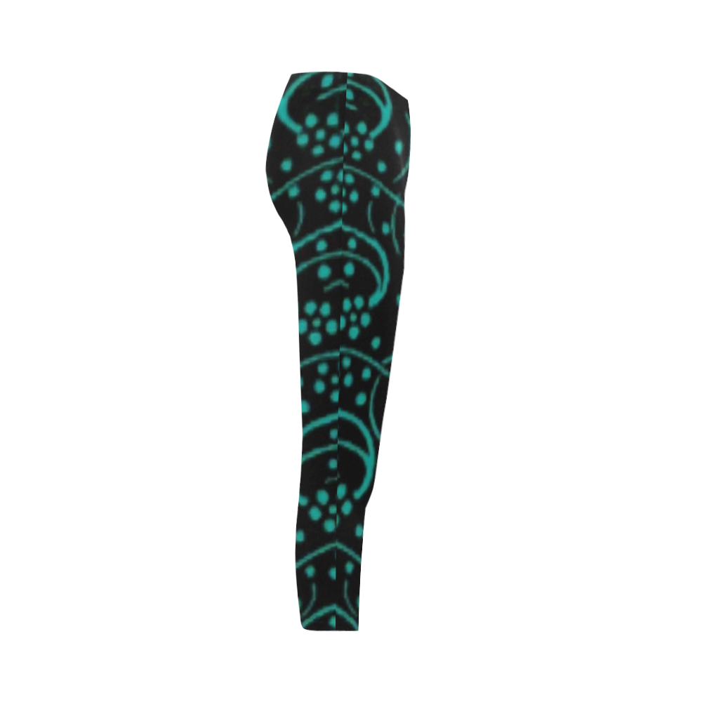 Vintage Swirl Floral Teal Turquoise Black Capri Legging (Model L02)