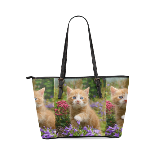 Cute Ginger Cat Kitten Funny Pet Animal in a Garden Photo Leather Tote Bag/Small (Model 1640)