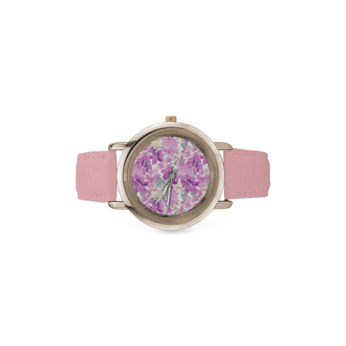 Watercolor Flower Pattern Women's Rose Gold Leather Strap Watch(Model 201)