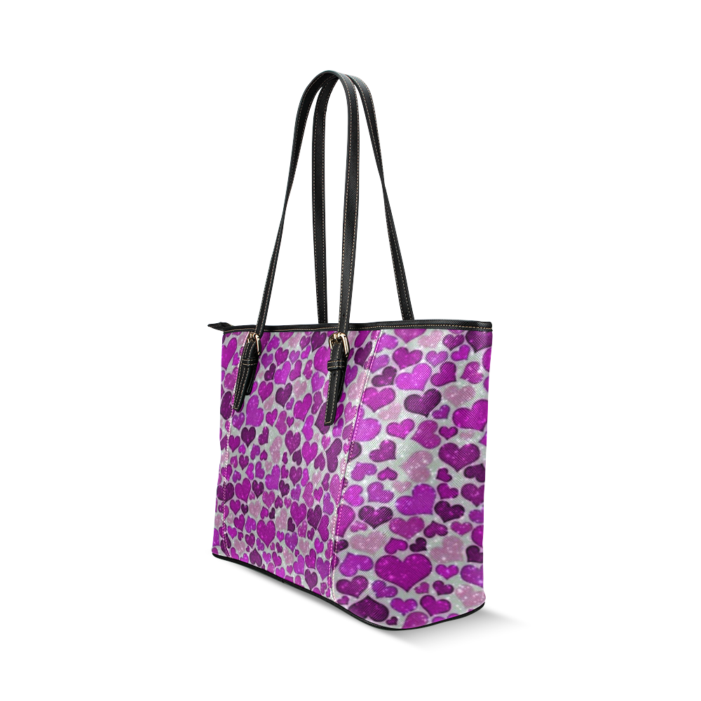 sparkling hearts purple Leather Tote Bag/Small (Model 1640)