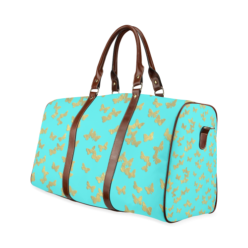 Gold foil butterflies on turquoise backround Waterproof Travel Bag/Small (Model 1639)