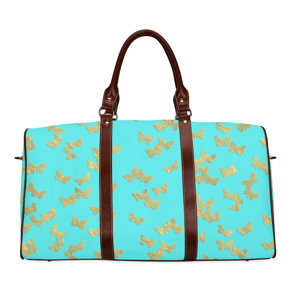 Gold foil butterflies on turquoise backround Waterproof Travel Bag/Small (Model 1639)