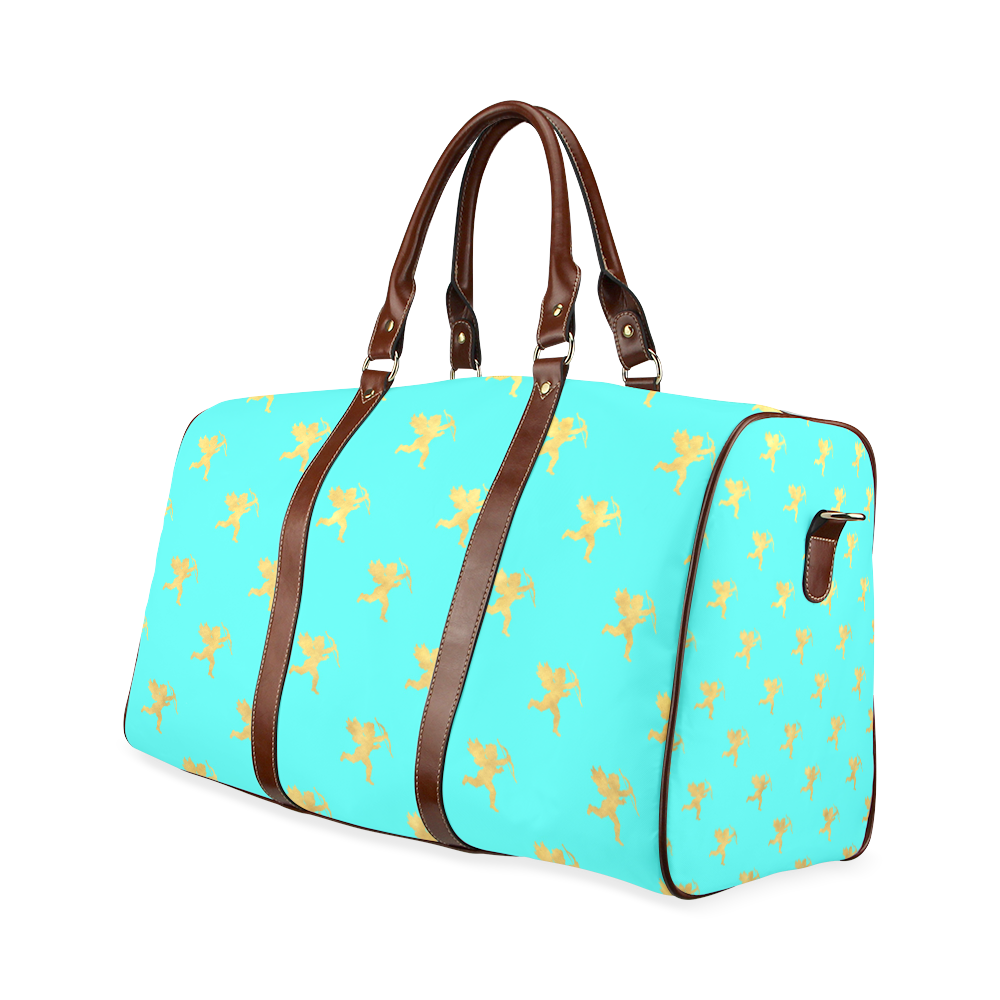 Gold foil angels on turquoise backround Waterproof Travel Bag/Small (Model 1639)